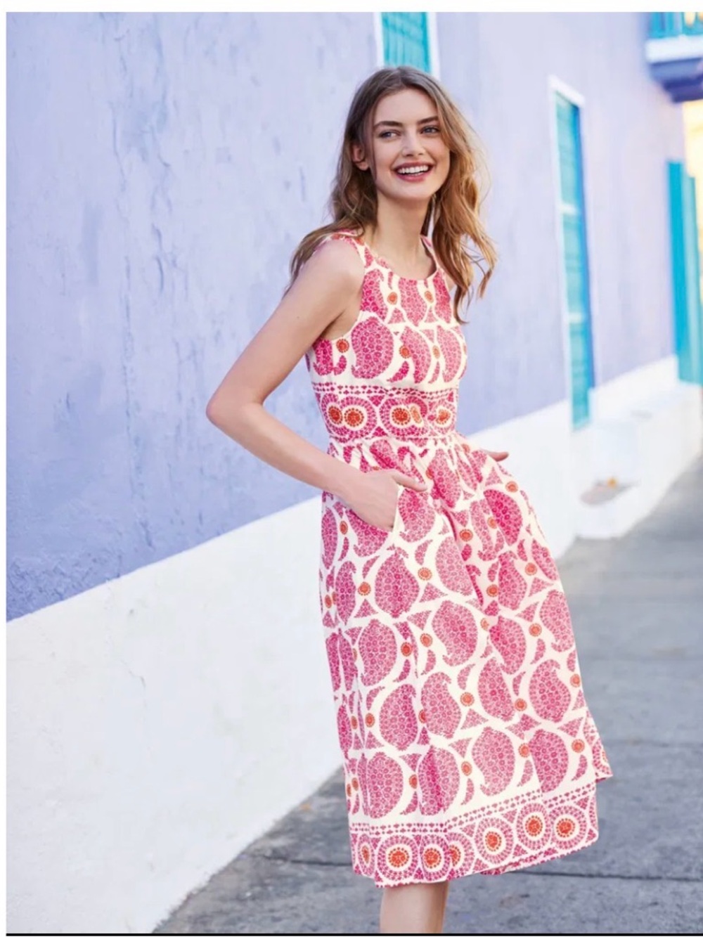 Boden Bright Pink/White Paisley Lizzie Dress in Excellent Condition Size 16